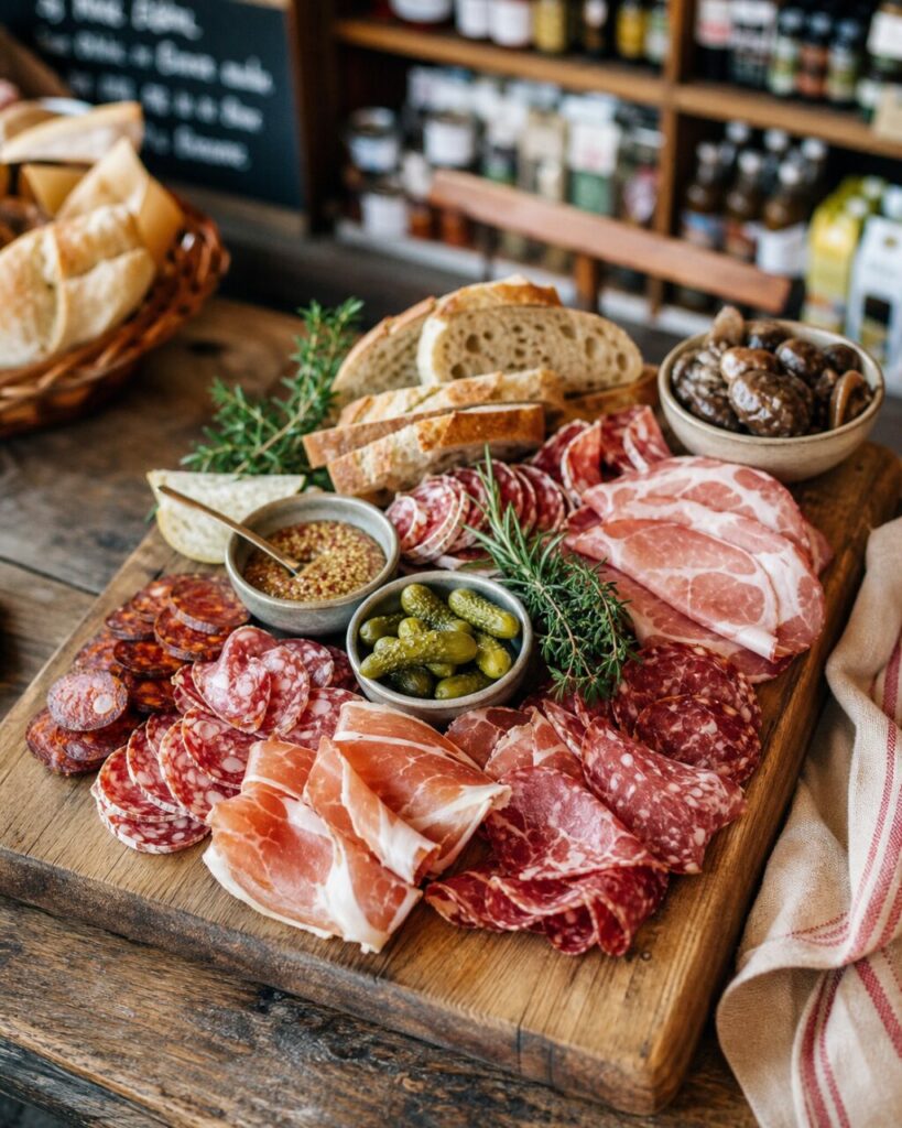 Wurstplatte mit Brot und Beilagen