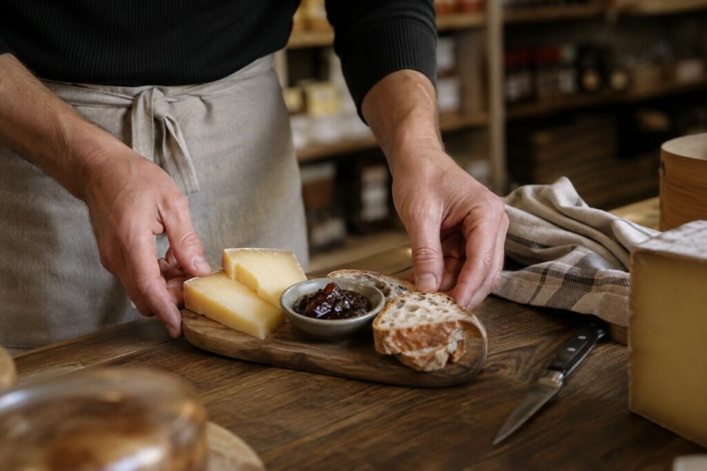 Planche de dégustation — Fromage, pain, confiture et fruits secs sur une table en bois