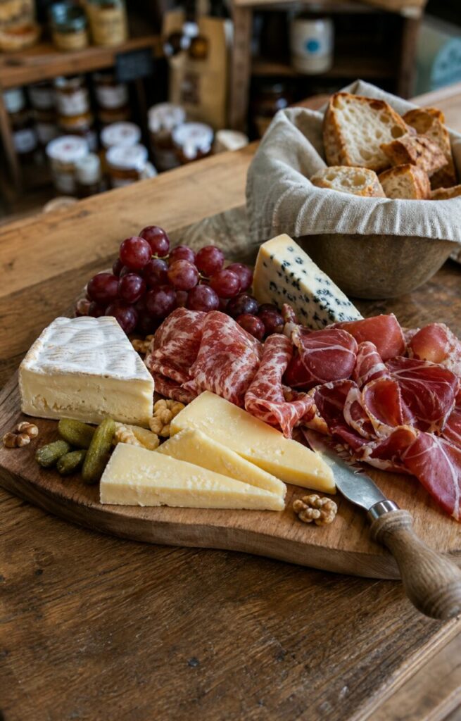 Planche de fromages et charcuteries avec pain et raisins dans une boutique-traiteur