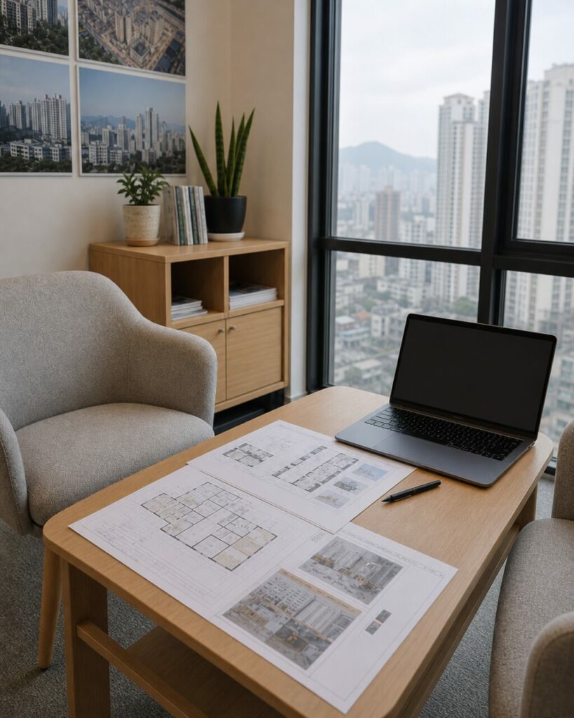 Immobilienpläne und Laptop in einem Büro in Seoul