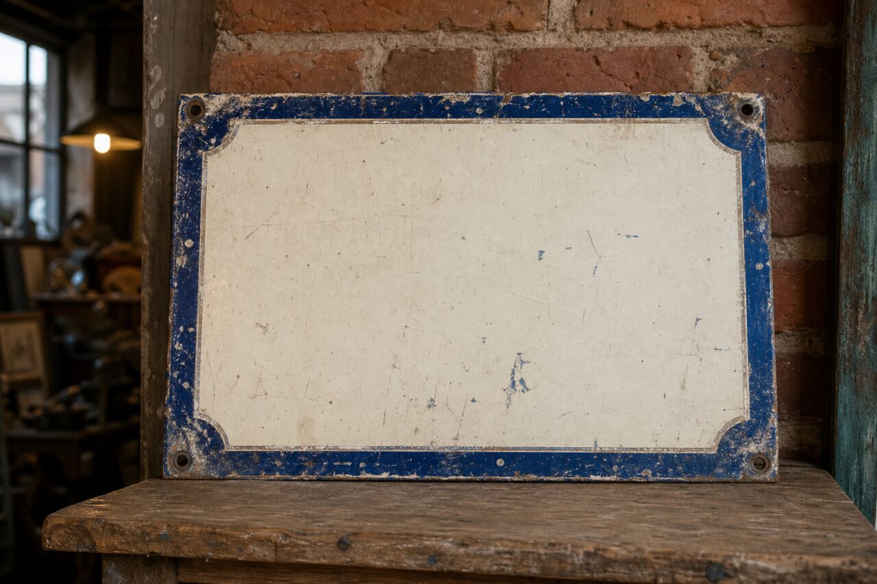 Cream rectangular plate with blue border and four mounting holes
