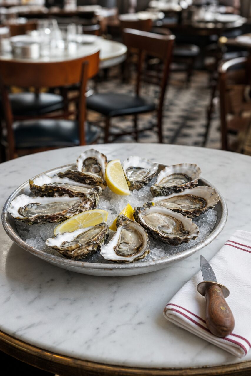 Oesterplateau met citroen en mes op een brasserietafel