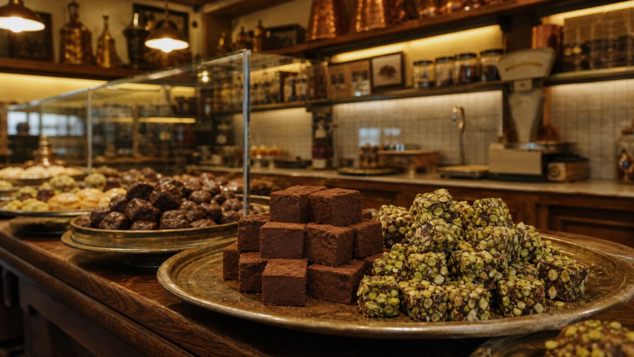 Tabuleiro de lokum de chocolate numa chocolateria