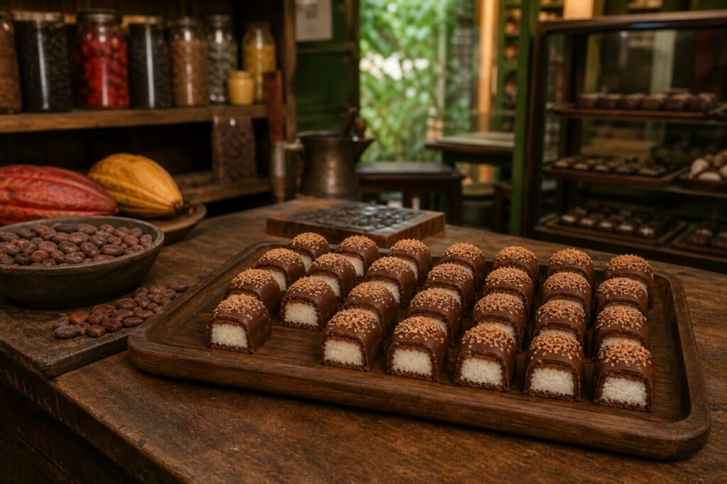 Plateau de pralines au coco en boutique