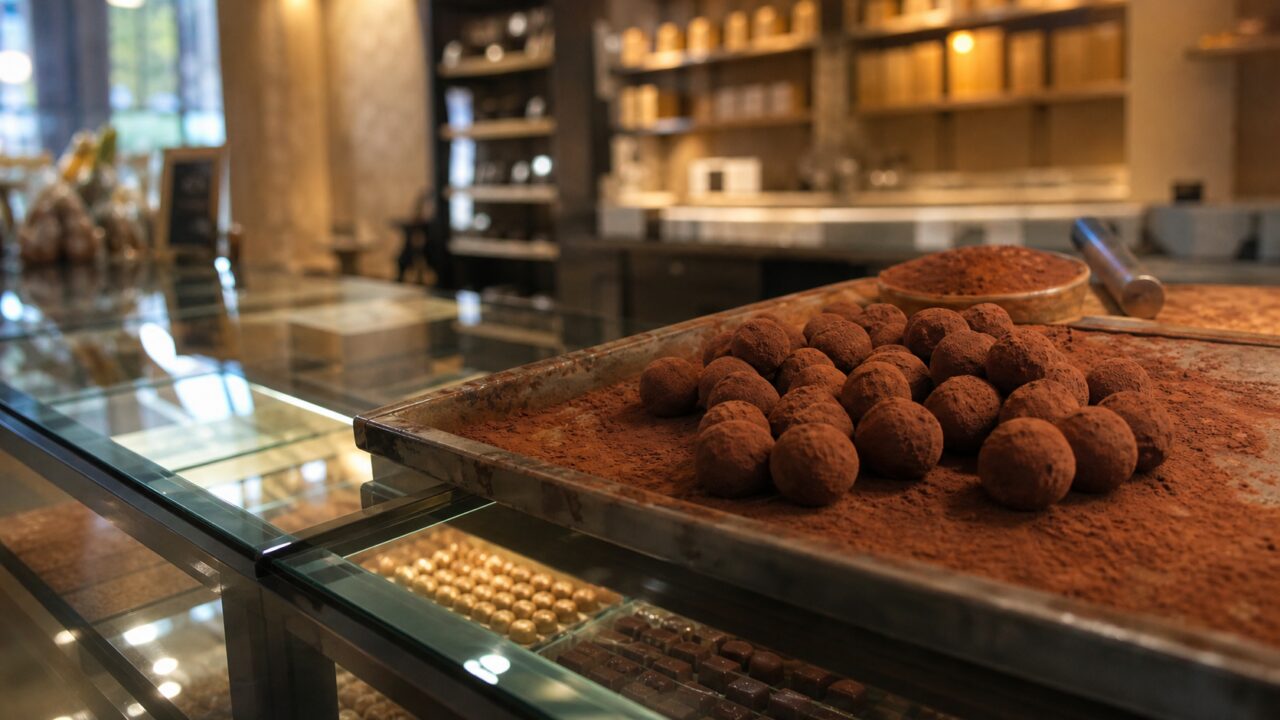 Plateau de truffes au cacao dans l’intérieur d’une chocolaterie