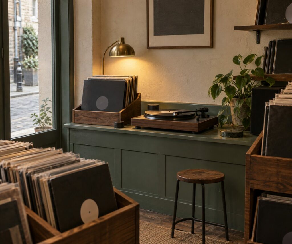 Platine et pochettes sobres au coin écoute d’un disquaire indépendant