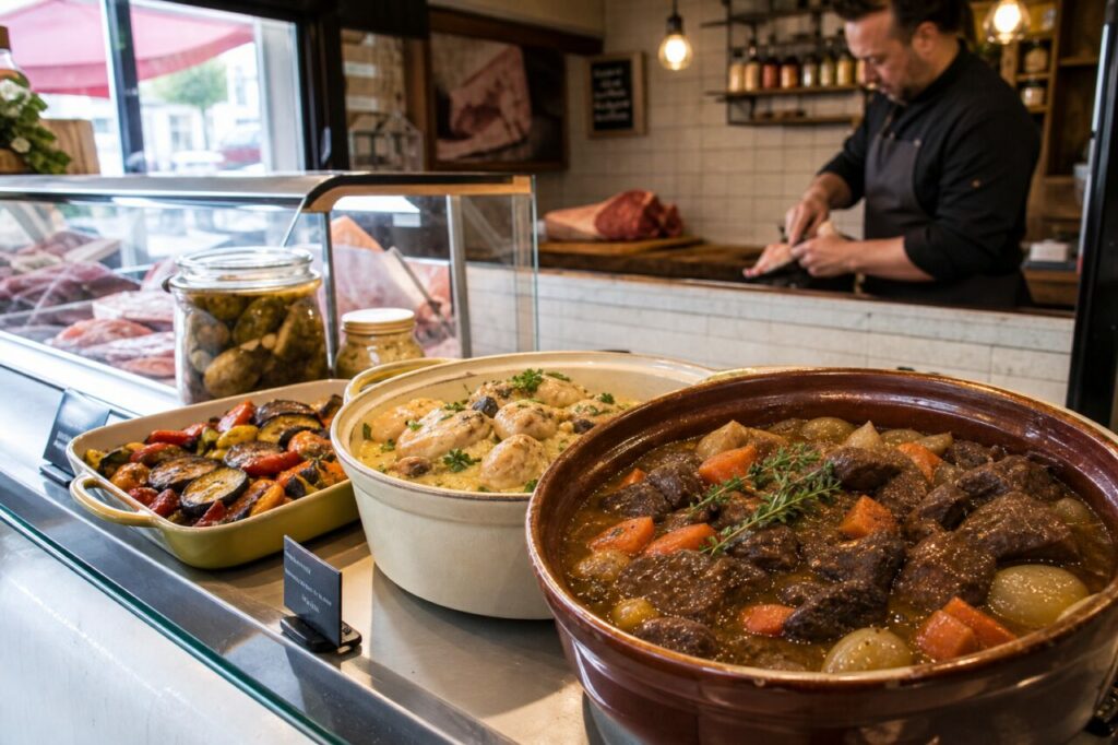 Plats cuisinés présentés dans une vitrine de boucherie-traiteur