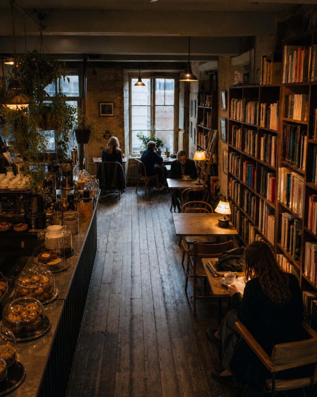 Vista dall’alto sul corridoio centrale del caffè libreria
