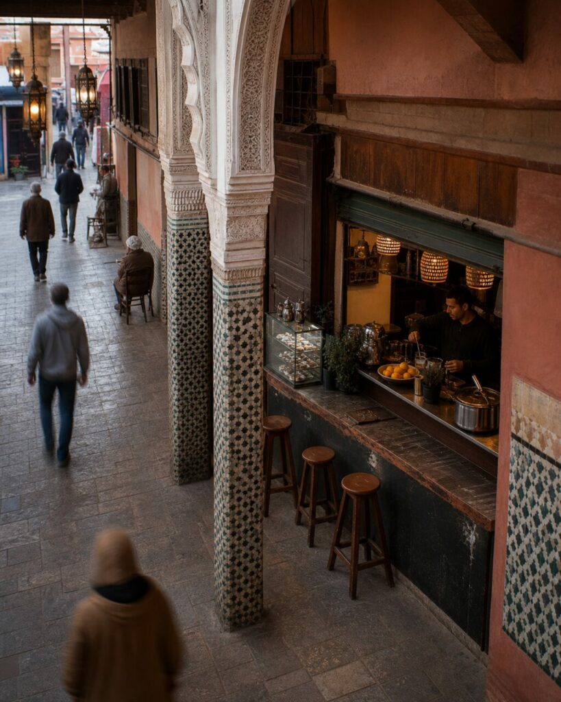 Plongée sur le comptoir et le flux des passants