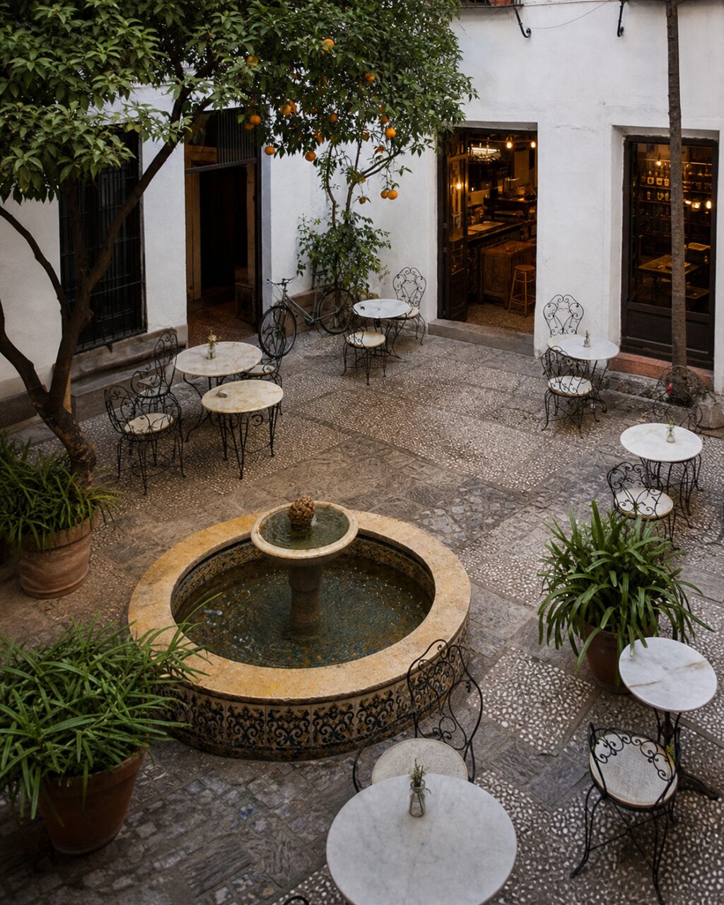 Overhead view of the courtyard fountain and patterned paving