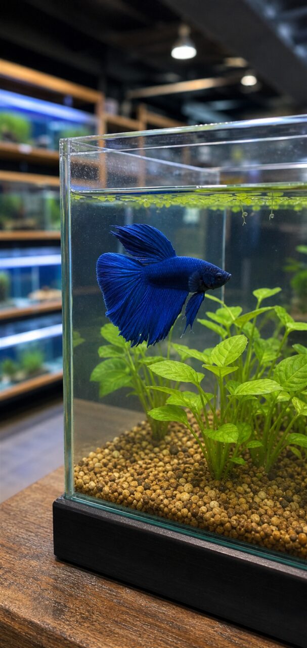 Poisson combattant bleu nageant parmi les plantes