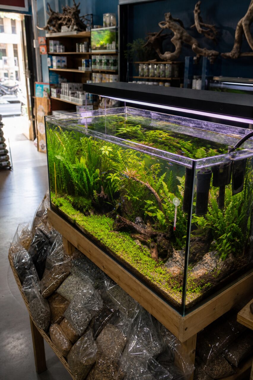 Pesce neon blu e rosso in un acquario piantumato