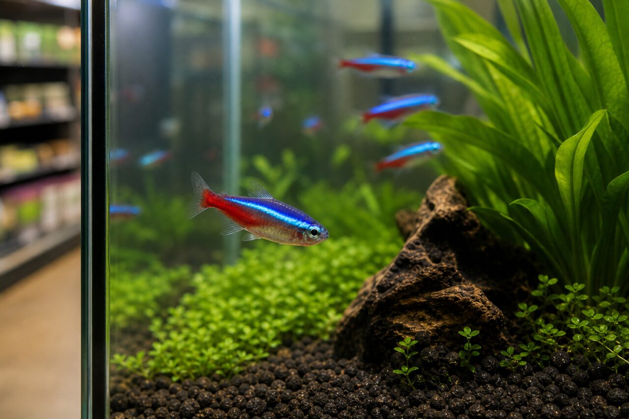 Neonfisch vor großer Pflanze und unscharfer Fischgruppe