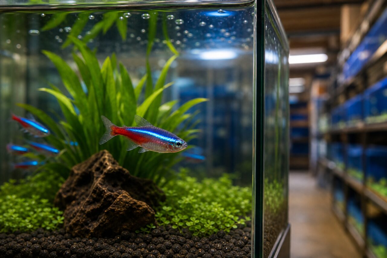 Neonfisch im Profil vor dem Gang des Zoofachhandels