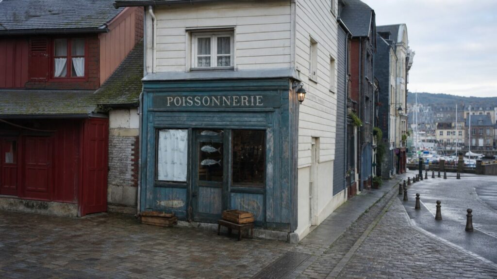Poissonnerie de Honfleur au bord du port, façade bleue et rue pavée vers les bateaux