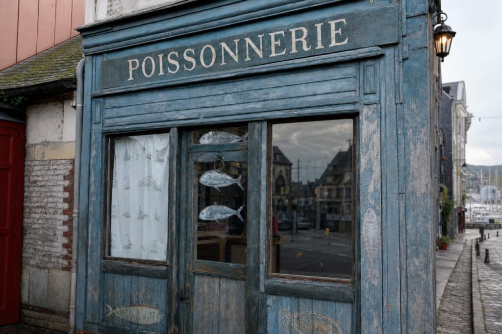 Poissonnerie de Honfleur en angle, enseigne bleue et vitrine maritime dans une rue pavée