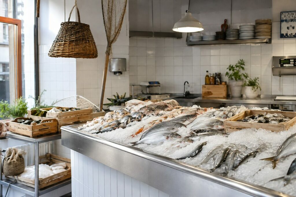 Poissons entiers sur glace dans l’étal intérieur de la poissonnerie