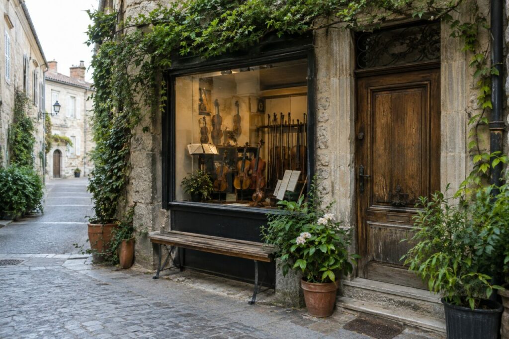 Porte ancienne de lutherie avec archets en vitrine