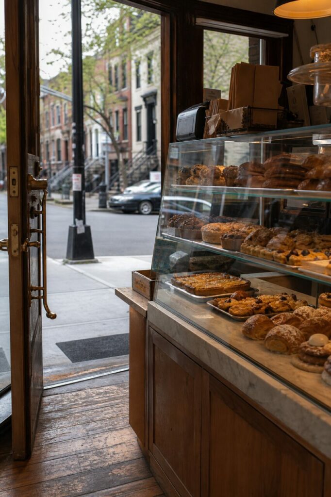 Porte en bois ouverte face à une vitrine de pâtisseries et à la rue