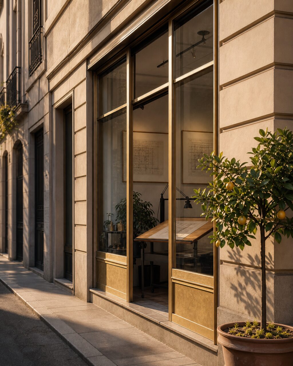Porta vetrata dorata di un’agenzia immobiliare a Milano con agrume in vaso