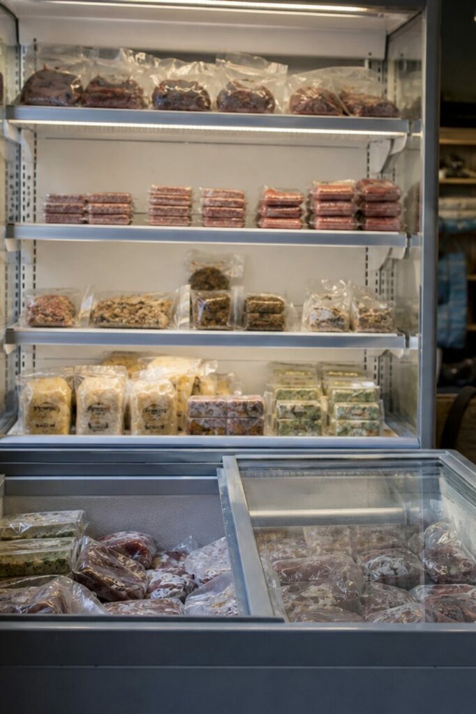 Verpackte Portionen und Tierfutter in einer Kühlvitrine