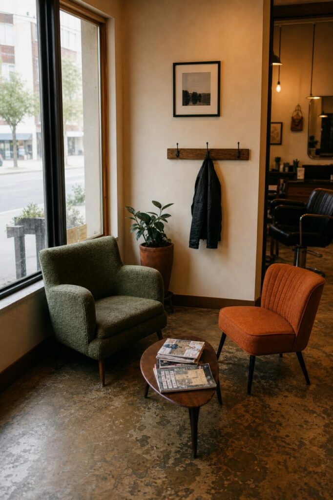 Fauteuils colorés sous patère en bois entre vitrine et salon