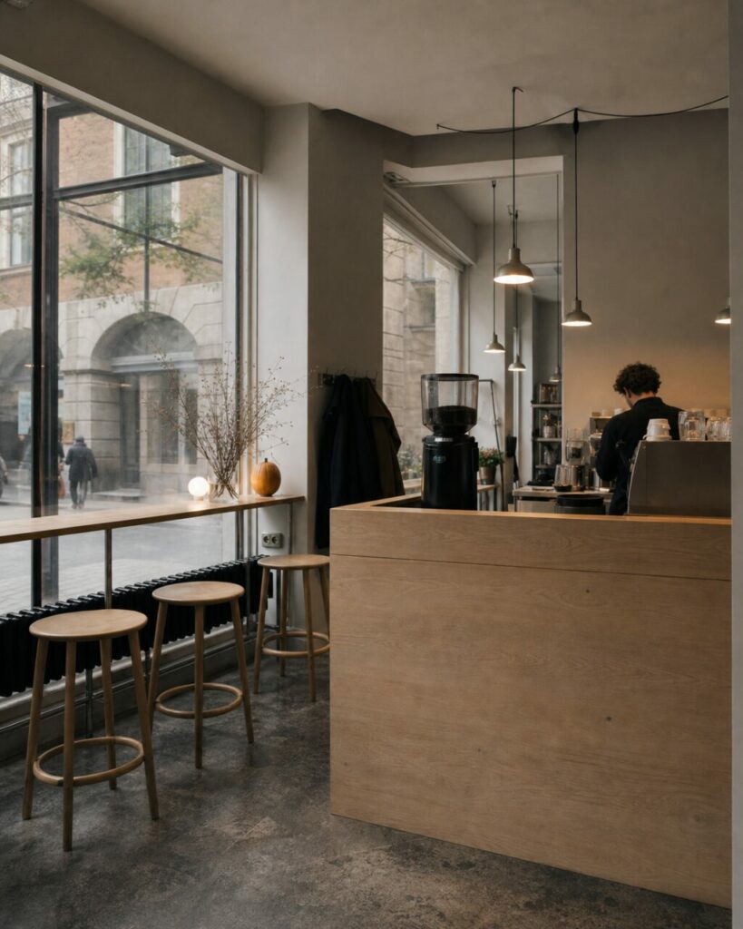 Portrait du café entre baie haute et comptoir en bois clair