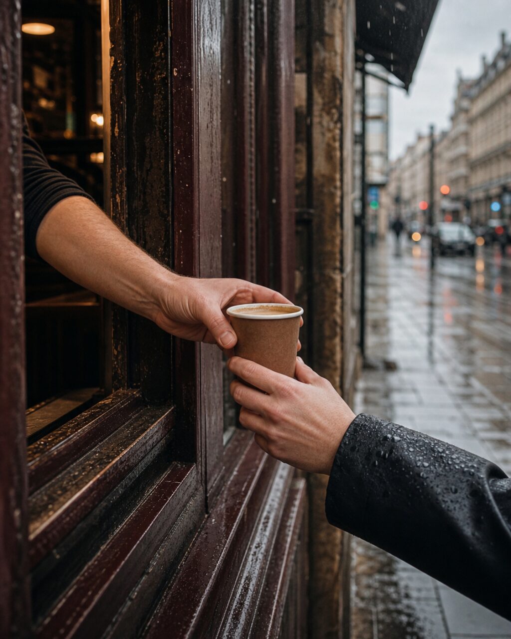 Retrato de um café passado entre duas mãos junto a uma janela de madeira molhada
