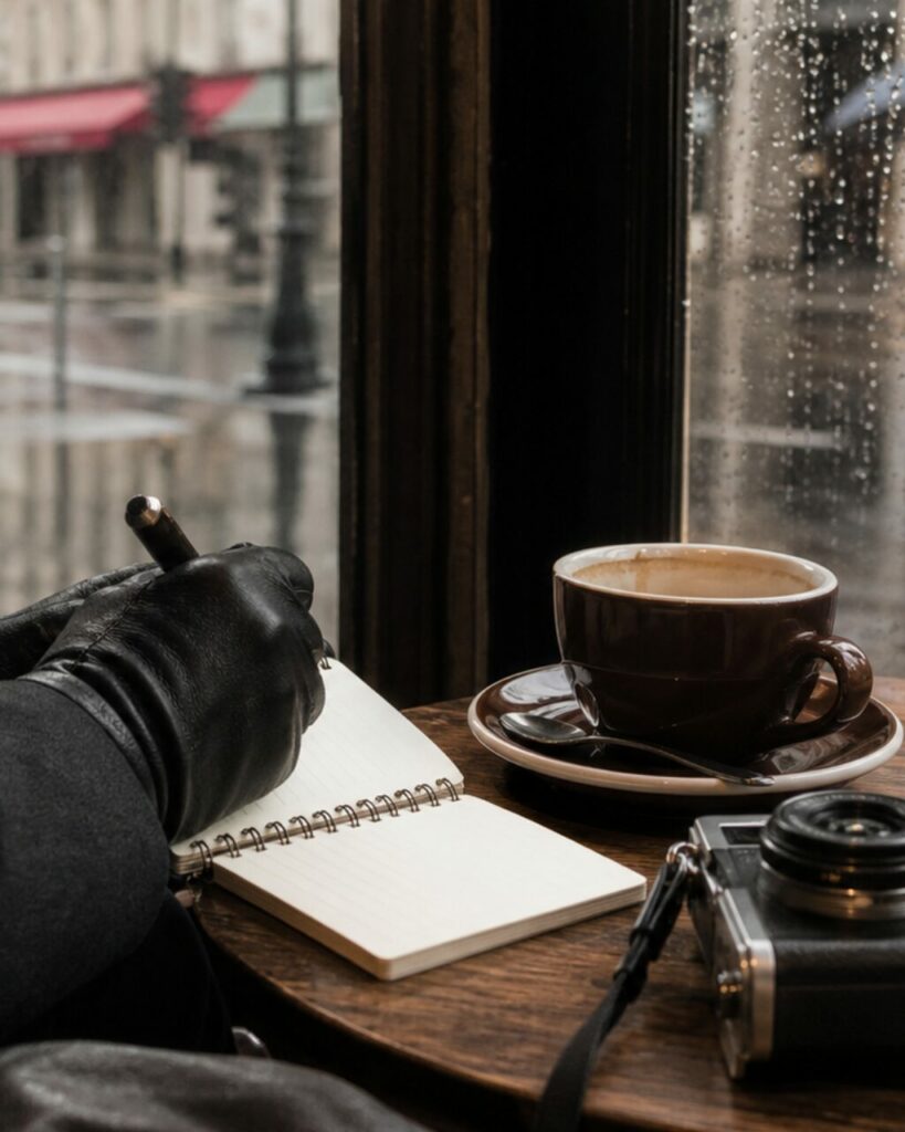 Cadrage vertical sur le carnet et la tasse brune