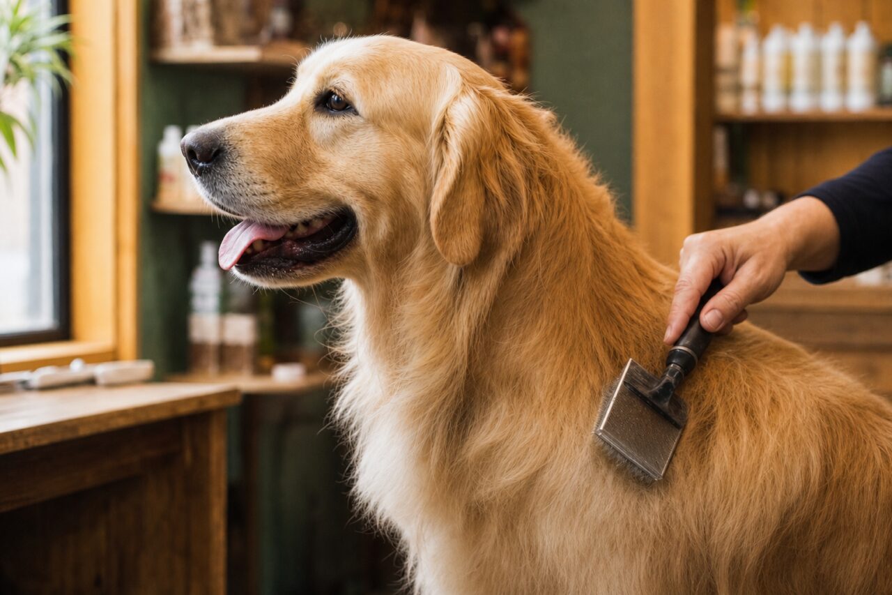 Cão dourado durante a escovagem