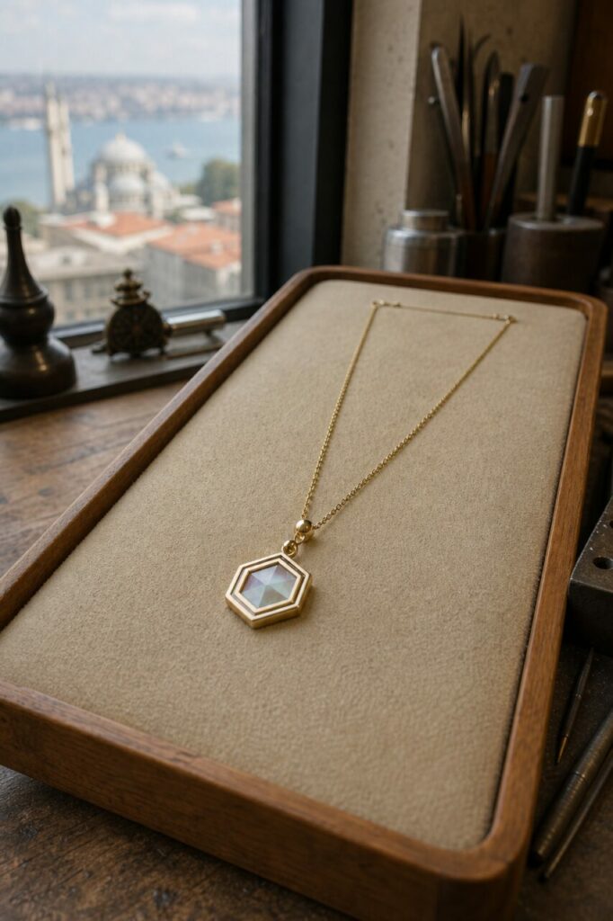 Portrait du collier sur plateau beige