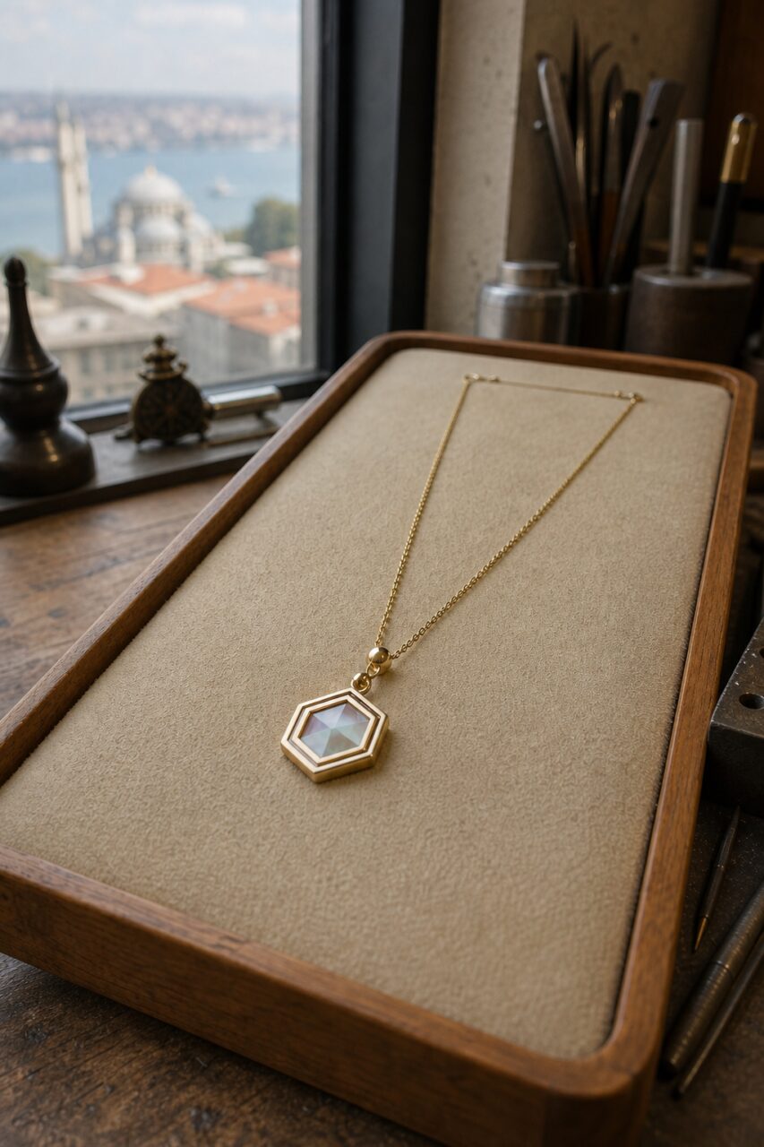 Hochformat der Kette auf beigem Tablett