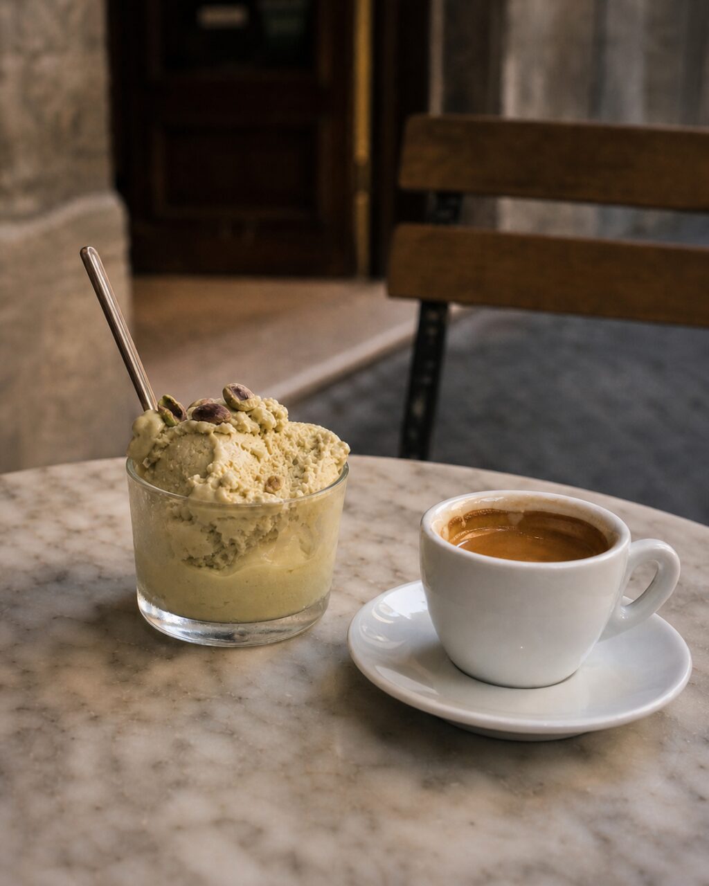 Hochformat mit gefrorenem Dessert und Kaffee an der Tischkante