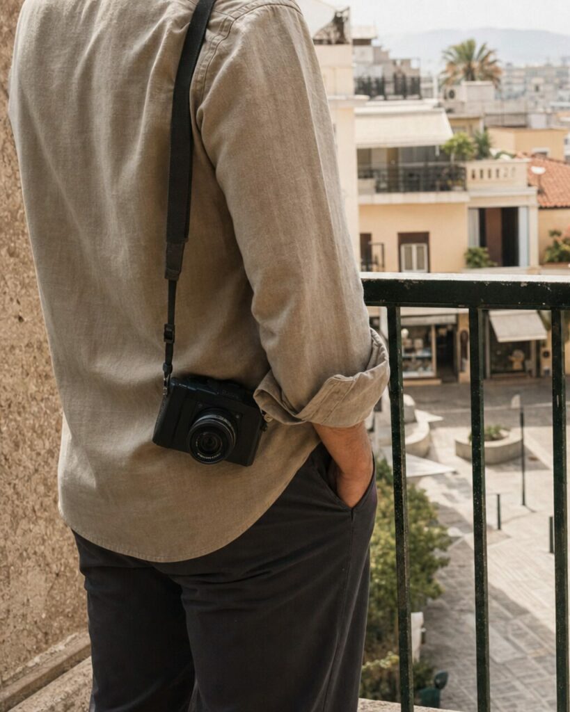 Back portrait with camera against a beige shirt