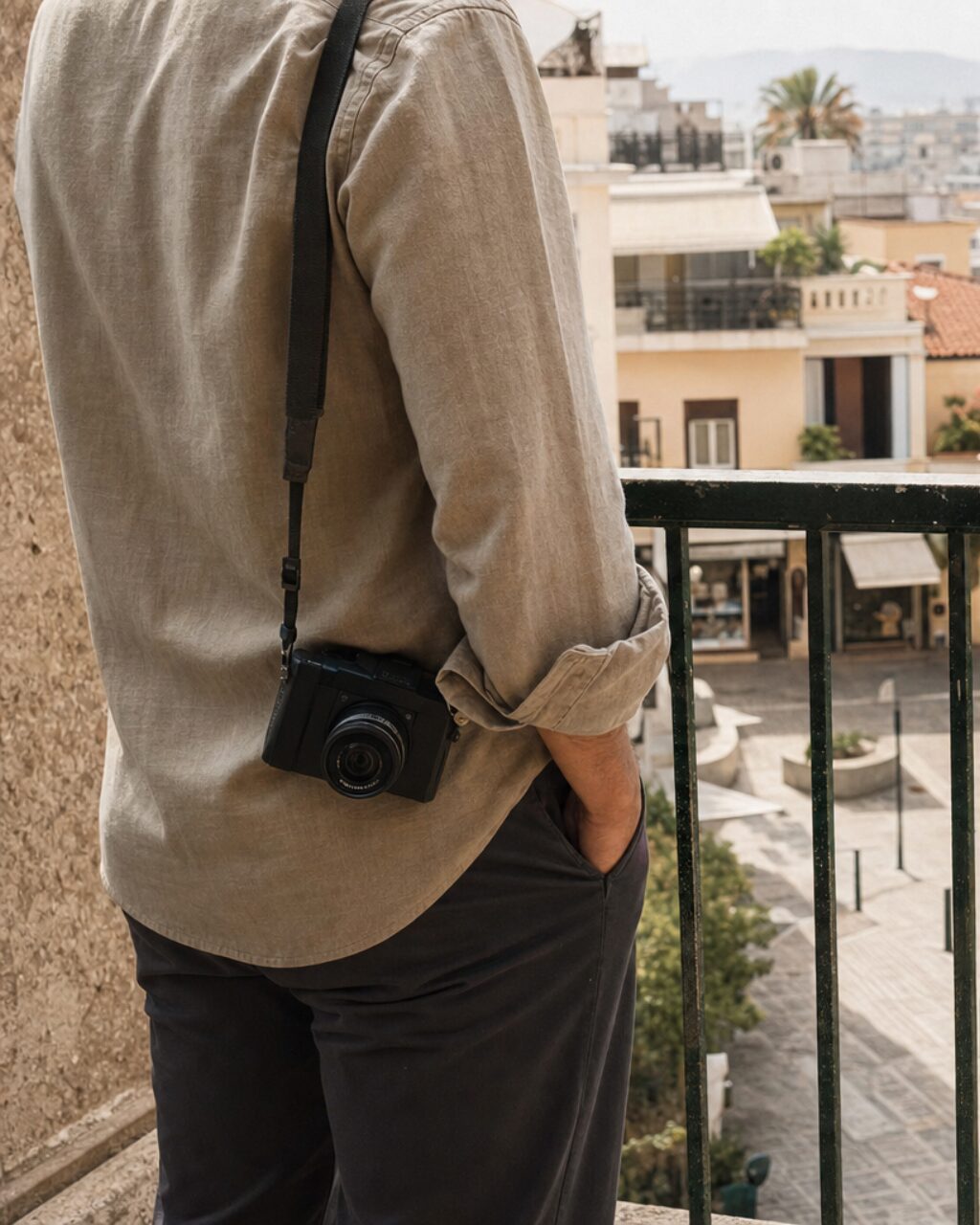 Portrait de dos avec appareil photo contre une chemise beige