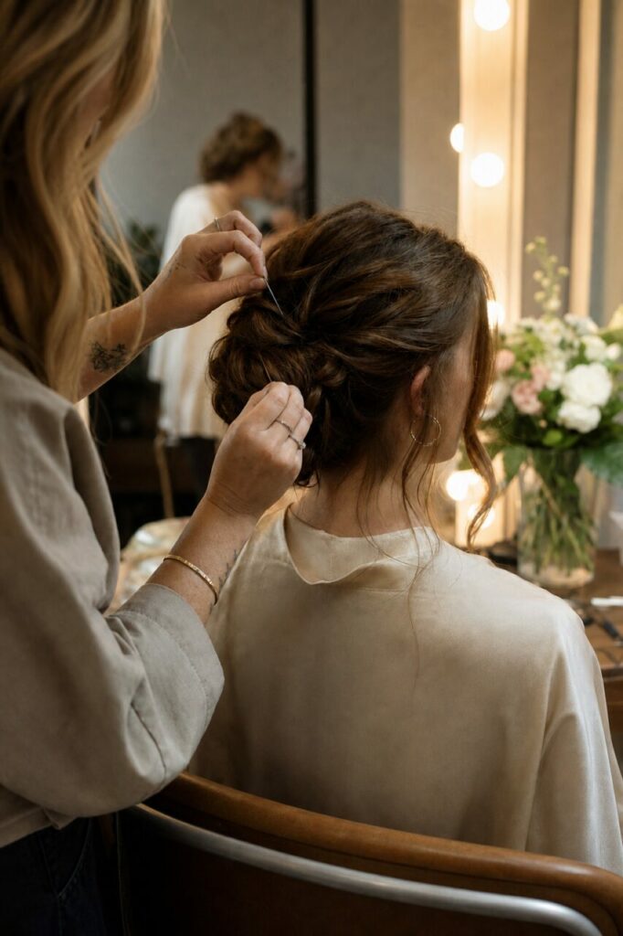 Depuis la gauche, la coiffeuse tresse un chignon brun