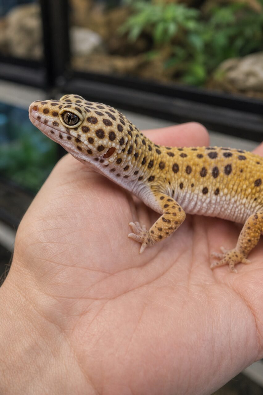 Portrait rapproché d’un gecko tacheté sur la main
