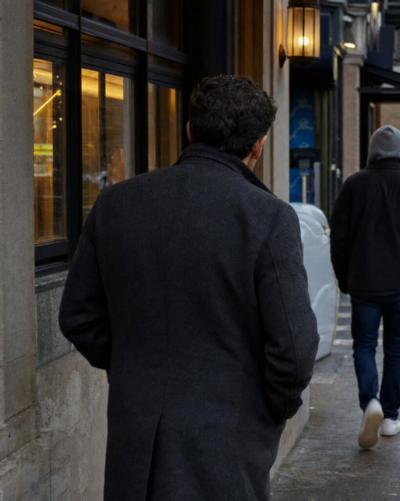 Portrait rapproché d’un homme longeant des fenêtres éclairées