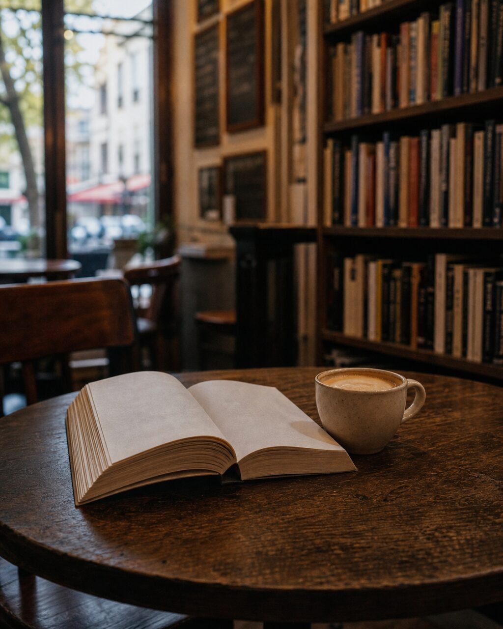 Portrait of a book and cup before tall shelves