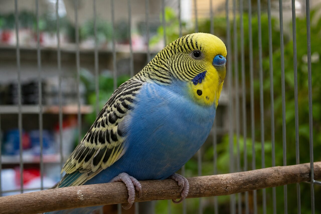Close portret van een blauw-gele grasparkiet