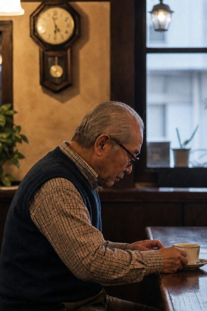 Portrait rapproché d’un homme, tasse et horloge