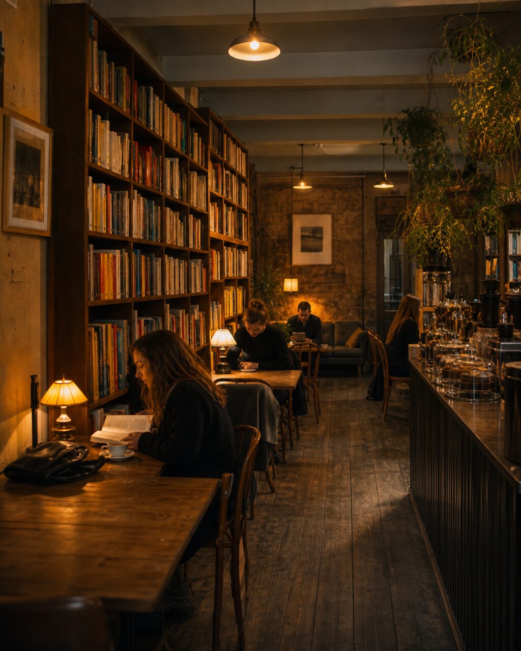 Portrait view of the book-lined room facing the counter