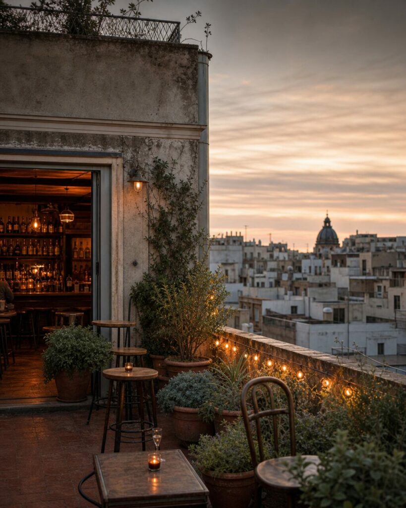 Ritratto della terrazza con il bar a sinistra e una cupola lontana
