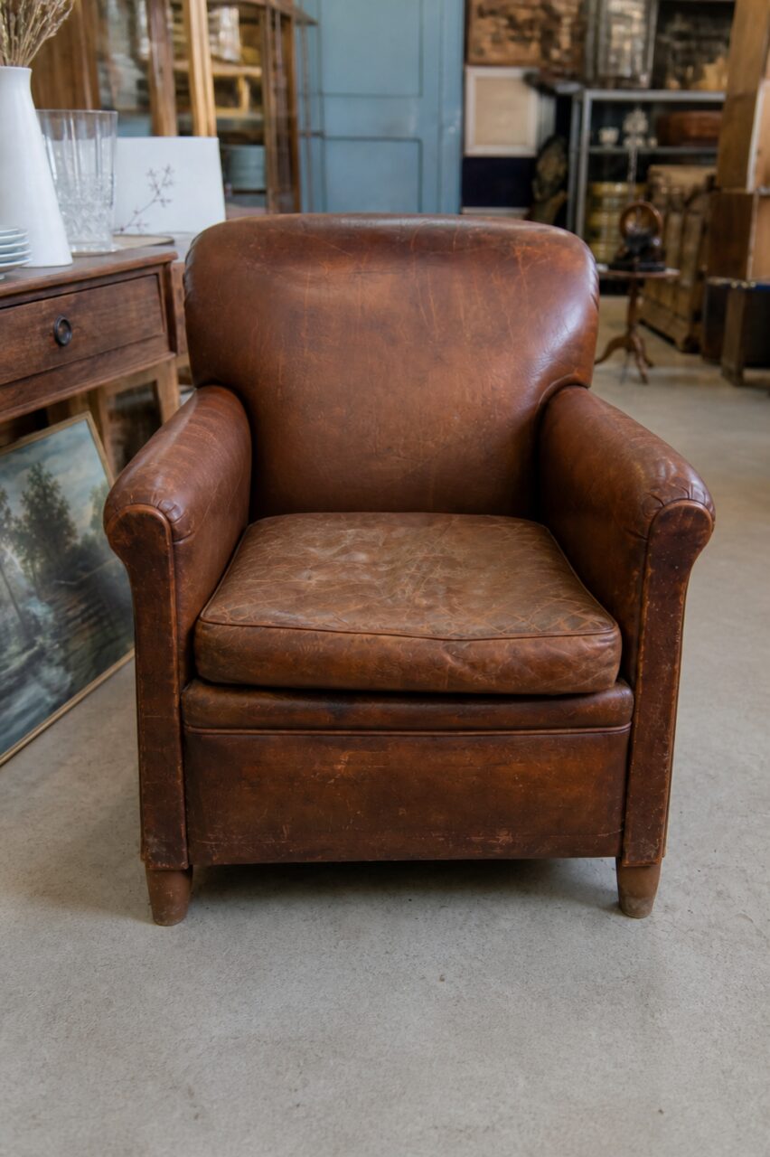 Vertical frontal portrait of a patinated brown leather club chair with worn seat cushion