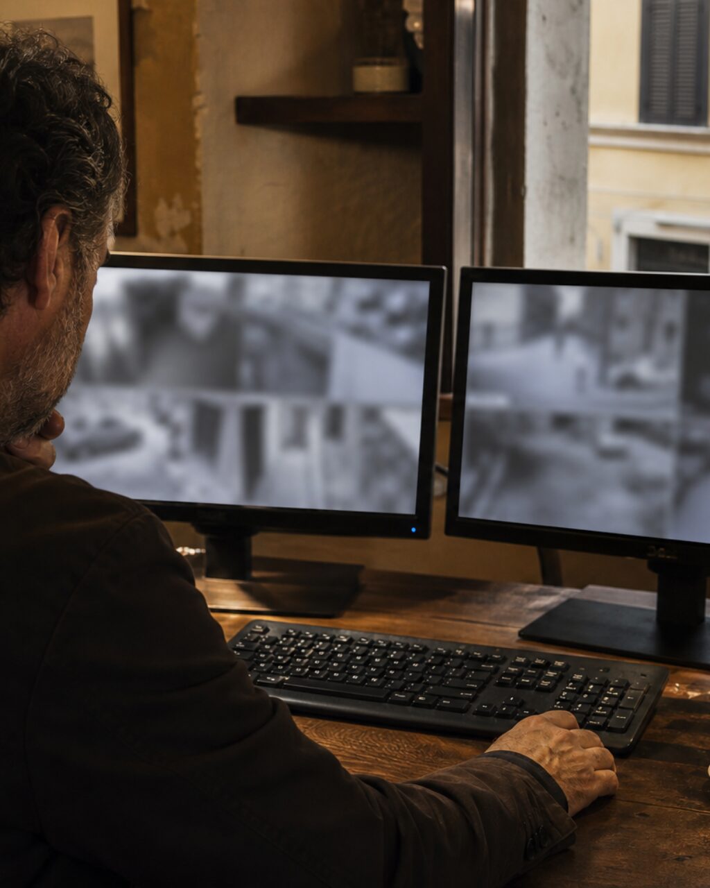 Portrait vertical entre homme, clavier et double écran