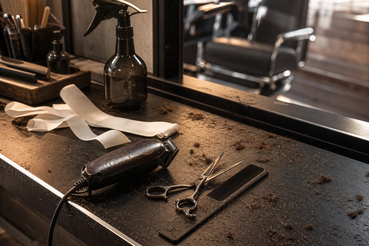 Poste de barbier avec vaporisateur, tondeuse, ciseaux et cheveux coupés devant un miroir