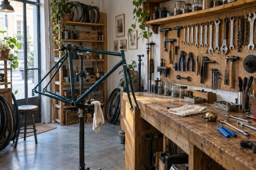 Poste d’outillage dans un atelier de réparation de vélos indépendant
