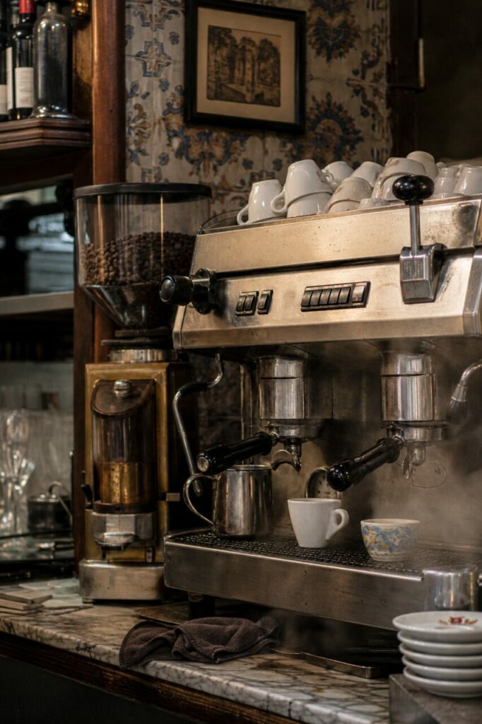Espresso station with grinder and counter crockery