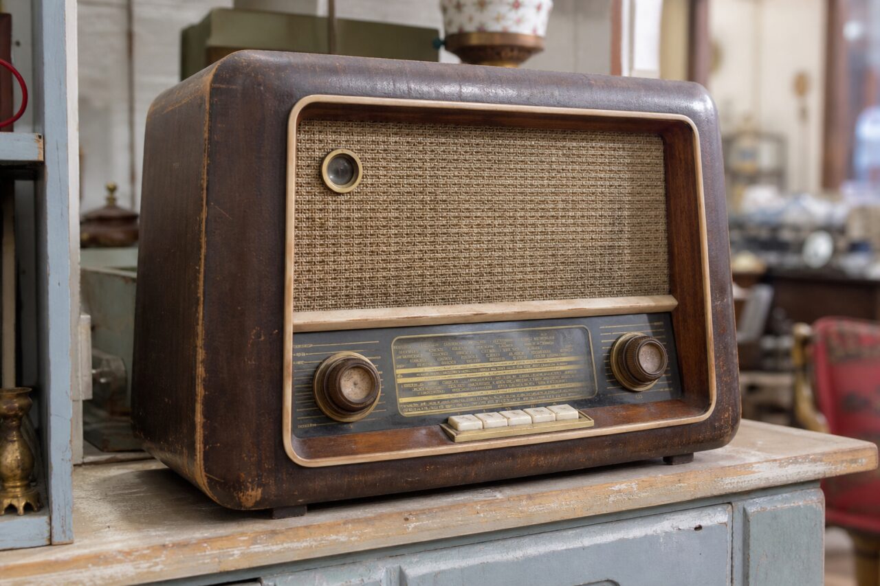 Altes braunes Holzradio mit Skala und Drehknöpfen auf einem Trödler-Möbel