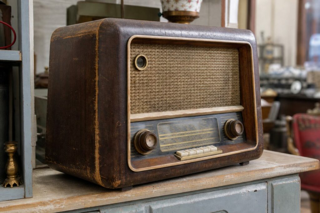 Altes Holzradio in Dreiviertelansicht auf einer Ablage im Antiquitätenladen